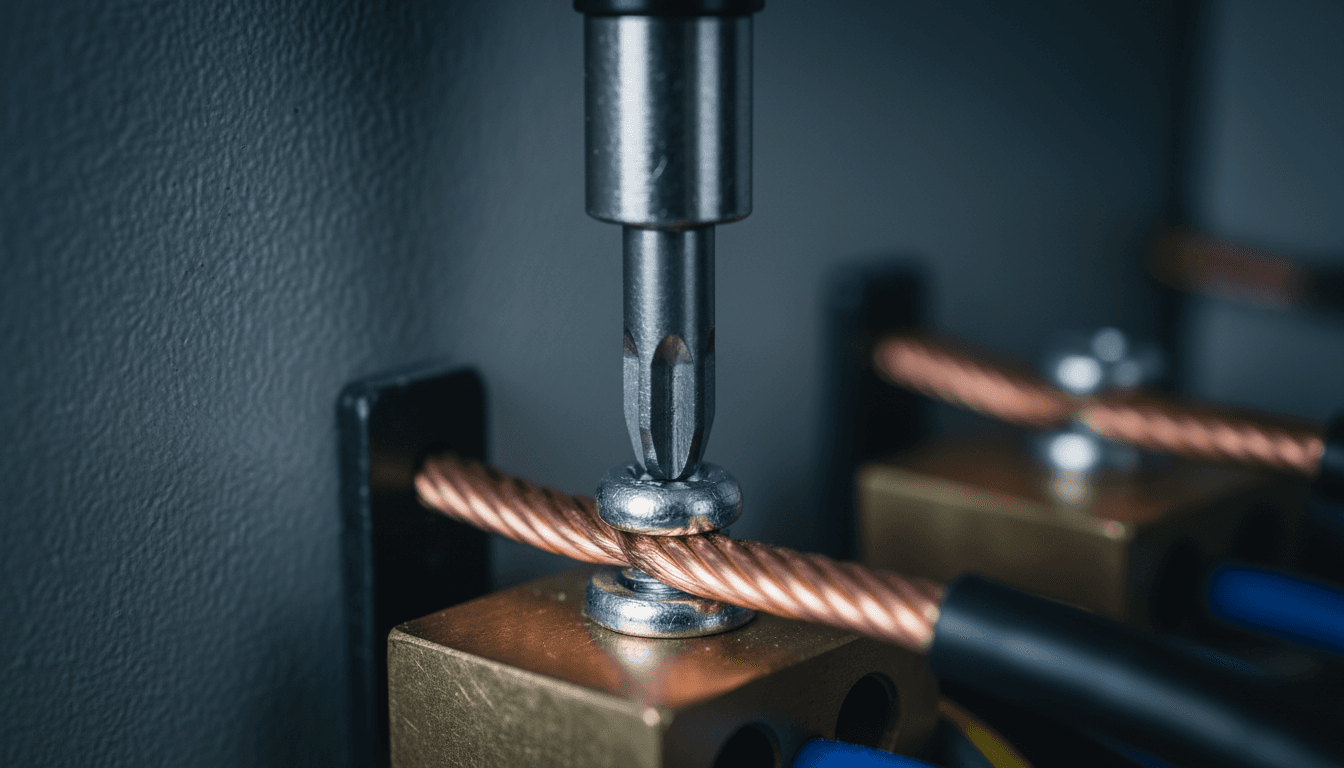 Close-up of a copper wire termination in a junction box